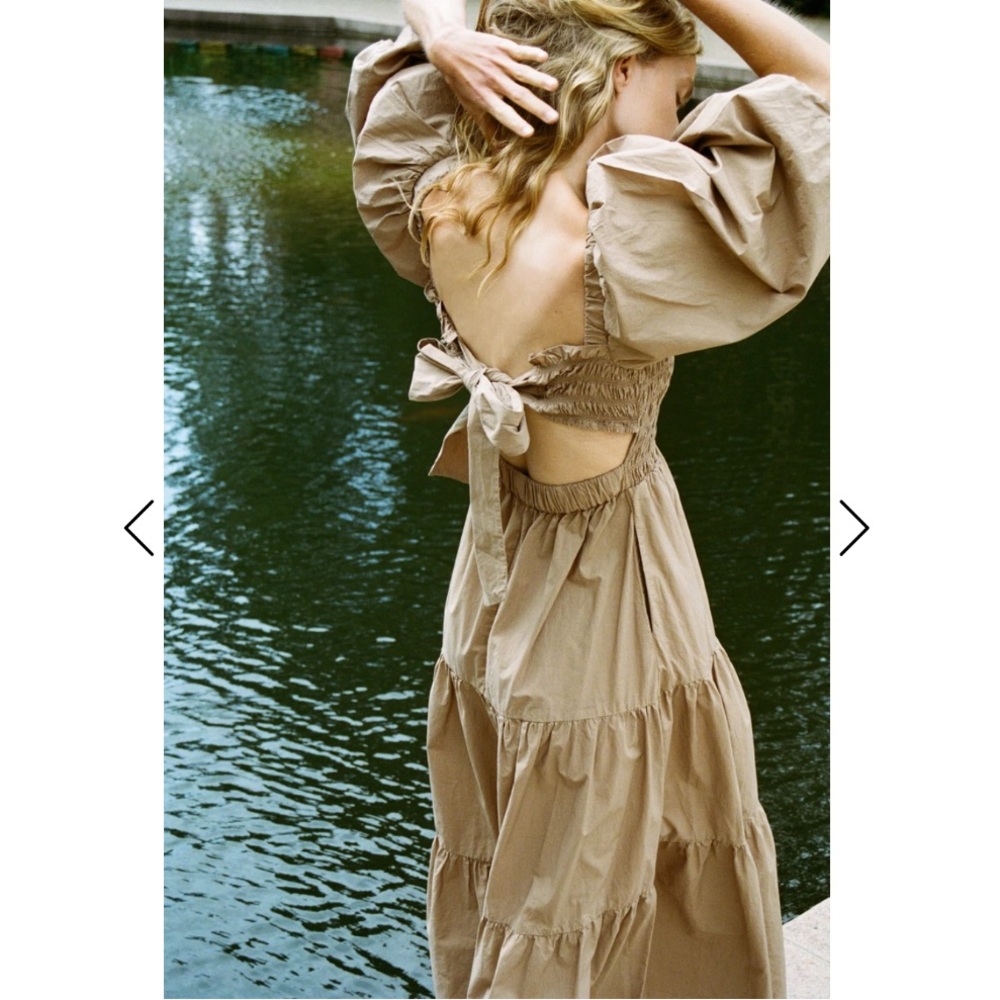 Sea Puff Sleeve Open Back Smocked Cotton Maxi Midi Dress - Picture 1 of 7